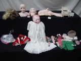 Job Lot of 2 Modern Doll Heads, 1 Broken Bye-Lo, Doll Clothes, Stands, &