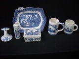 Job Lot of Delft & Blue Willow, 2 Mugs, 11” x8” Serving Plate, &