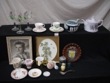 Job Lot of Misc. Tea Cups, Saucers, Musical Tea Pot, Framed Art, &