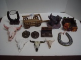 Job Lot of Knick Knacks, Sculls, Cowboy Hats, Wagon, &