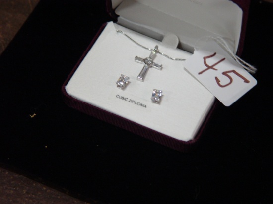 Sterling Silver Pierced Earrings & Cross Necklace