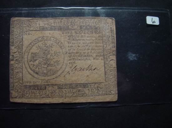 1776  Continental Currency $5 Note