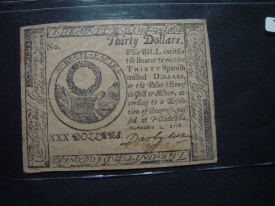 1776 Continental Currency $30 Note- Very nice and scarce in this condition