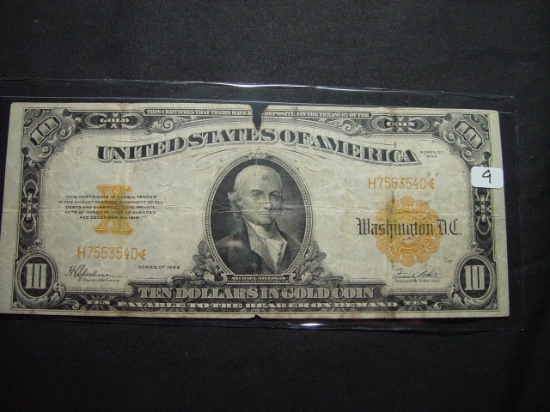 1922 $10 Gold Certificate- "V" cut at top