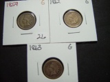Three Good Copper/Nickel Indian Cents: 1859, 1862, 1863