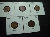Five XF Indian Cents: 1890, 1895, 1898, 1899, 1902