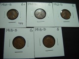 Five Good Early Mintmarked Lincoln Cents: