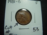 1931-S Lincoln Cent Fine w/cut at rim @ 8:00