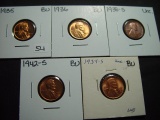 Five BU Lincoln Cents: 1935, 1936, 1938-S, 1939-S, 1942-S-