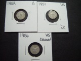 Three Different 3c Silver Pieces: 1851, 1852, 1856