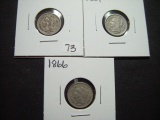 Three Different 3c Nickels: 1865, 1866, 1867