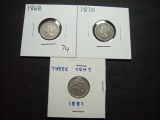 Three Different 3c Nickels: 1868, 1870, 1881