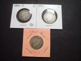 Three Barber Quarters: 1894-S, 1895, 1905-O