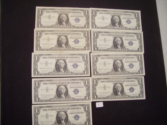 $1 Silver Certificates 9 Total, 1957 EF-CU FR 1619 - 1621