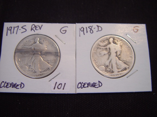 Two 50 Cent Walking Libertys 1917-S Reverse G Cleaned & 1918-D G Cleaned