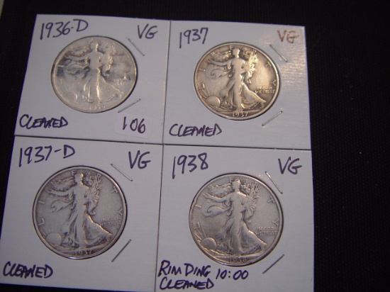 Four 50 Cent Walking Libertys 1936-D VG Cleaned, 1937-D VG Cleaned, 1937-D VG Cleaned &