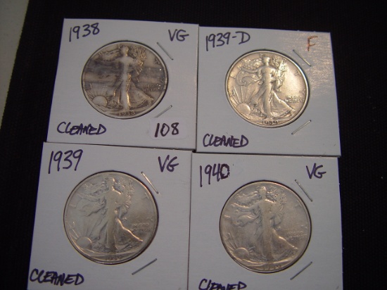 Four 50 Cent Walking Libertys 1938 VG Cleaned, 1939 VG Cleaned, 1939-D F Cleaned & 1940 VG Cleaned