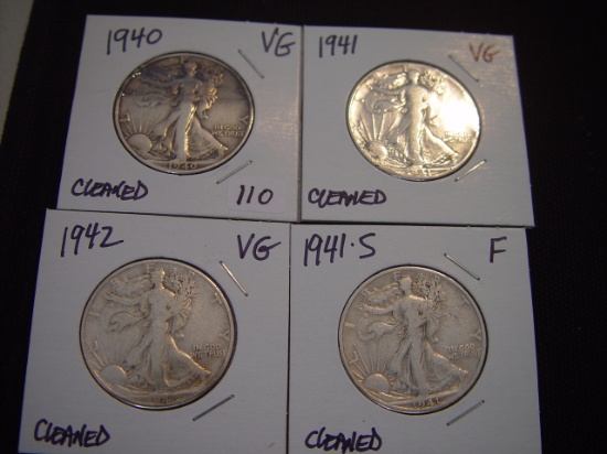 Four 50 Cent Walking Libertys All Cleaned -- 1940 VG, 1941 VG, 1941-S F & 1942VG