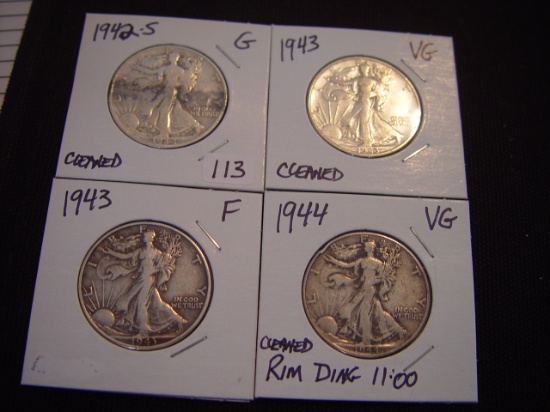 Four 50 Cent Walking Libertys All Cleaned -- 1942-S G, 1943 VG, 1943 F & 1944 VG Rim Ding