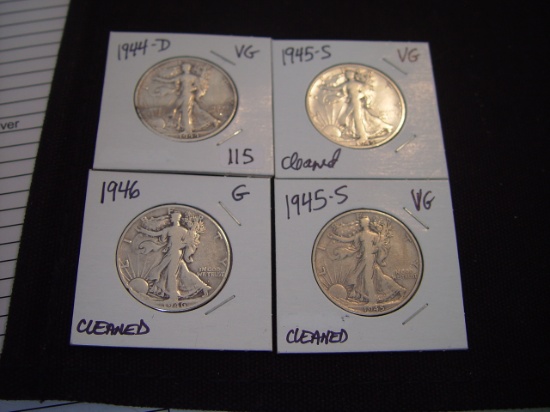 Four 50 Cent Walking Libertys 1944-D VG, 1945-S VG Cleaned, 1945-S VG Cleaned & 1946 G Cleaned