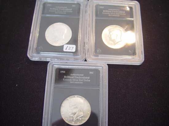 Three 50 Cent Kennedy's BU 1965, 1965 & 1965 40% Silver