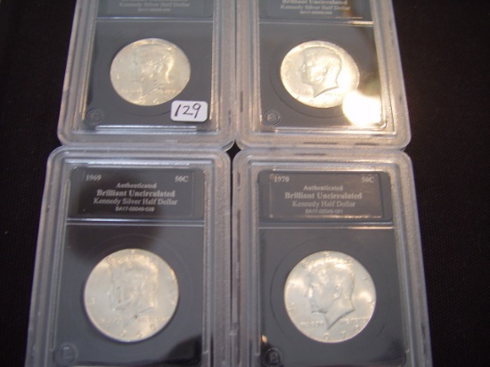 Four 50 Cent Kennedy's BU 1968-D, 1969-D, 1969-D & 1970-D 40% Silver