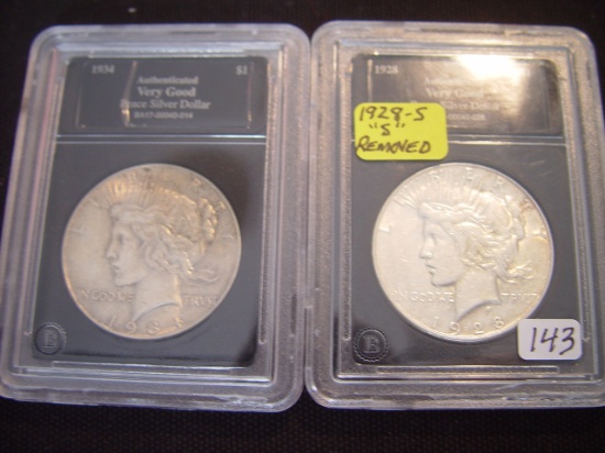 Two Peace $1 1928-S (S Removed) XF & 1934 XF