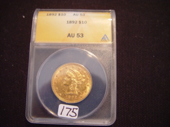 1892 $10 Gold Liberty AU53 ANACS