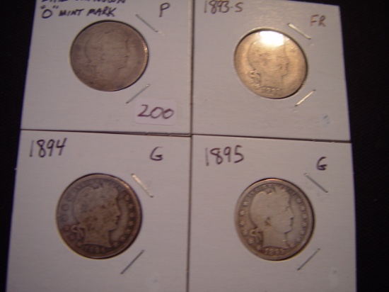 25 Cent Barbers 4 Total; Date Unknown O Mint, 1893-S FR , 1894 G & 1895 G