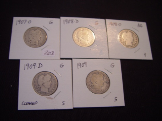 25 Cent Barbers 5 Total; 1907-O G, 1908-D G, 1908-O AG, 1909 G & 1909-D G Cleaned