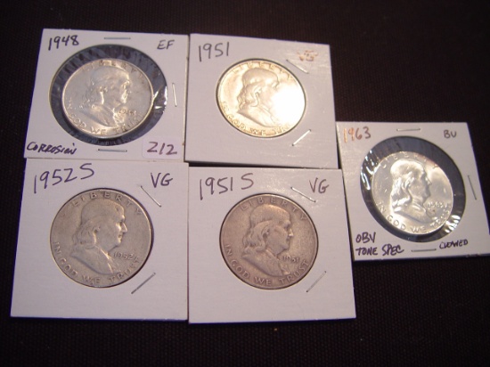 50 Cent Franklins 5 Total; 1948 EF Corrosion, 1951 VG, 1951-S VG, 1952-S VG & 1963 BU Cleaned