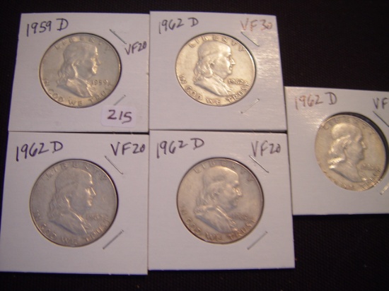 50 Cent Franklins 5 Total; 1959-D VF; 1962-D VF; 1962-D VF; 1962-D VF; 1962-D VF