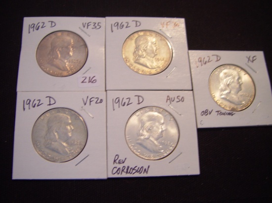 50 Cent Franklins 5 Total; 1962-D VF; 1962-D VF; 1962-D VF; 1962-D AU Reverse Corrosion &