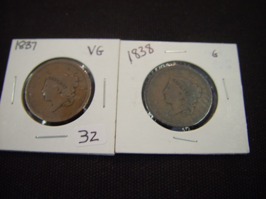 Two Large Cents 1837 VG & 1838 G