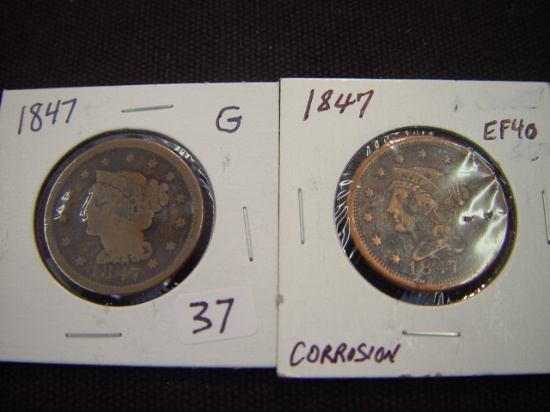 Two Large Cents 1847 G & 1847 EF Corrosion