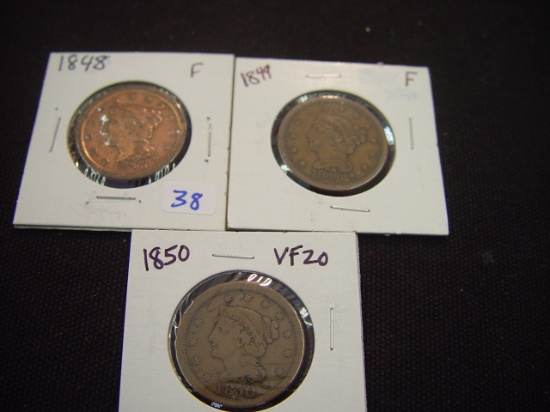 Three Large Cents 1848 F, 1849 F, 1850 VF