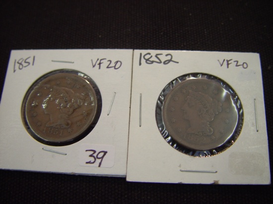 Two Large Cents 1851 VF & 1852 VF