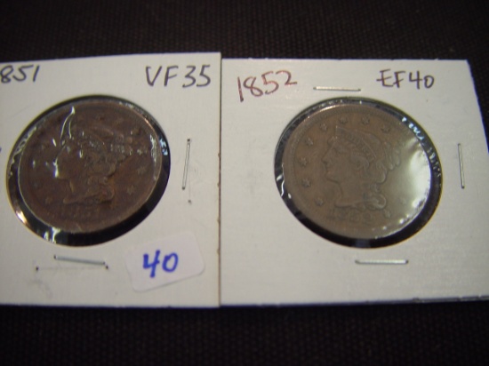 Two Large Cents 1851 VF & 1852 EF