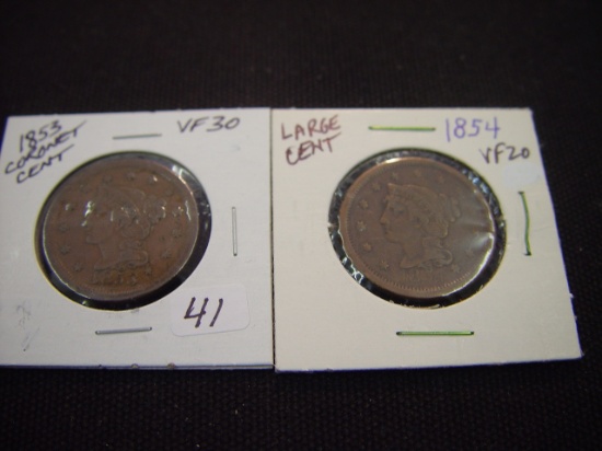 Two Large Cents 1853 VF & 1854 VF