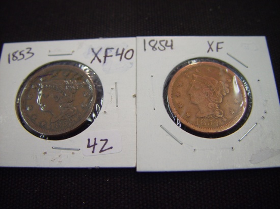 Two Large Cents 1853 XF & 1854 XF