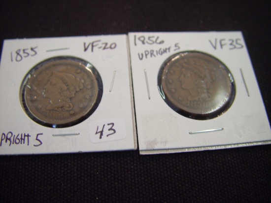 Two Large Cents 1855 Upright 5 VF & 1856 Upright VF