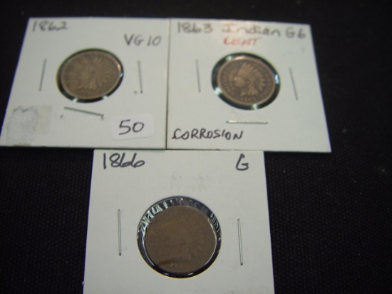 Three Indian Cents 1862 VG10, 1863 G6 Corrosion, 1866 G