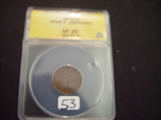 1873 Indian Cent Open 3 VF20 Corroded ANACS