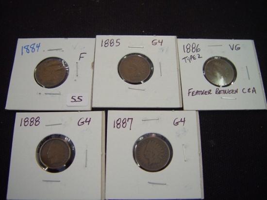 Five Indian Cents - 1884 F, 1885 G, 1886 Type 2 VG, 1887 G, 1888 G