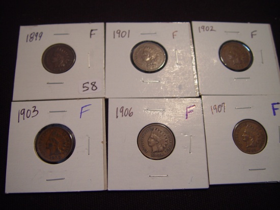 Six Indian Cents - All F: 1899, 1901, 1902, 1903, 1906, 1907