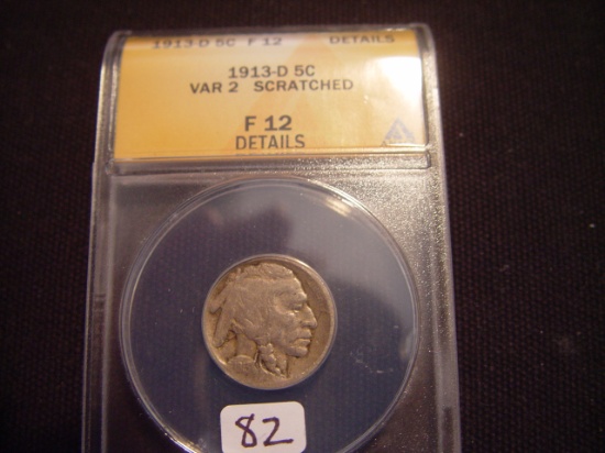 1913-D 5 Cent Buffalo Type 2 F12 Scratched ANACS