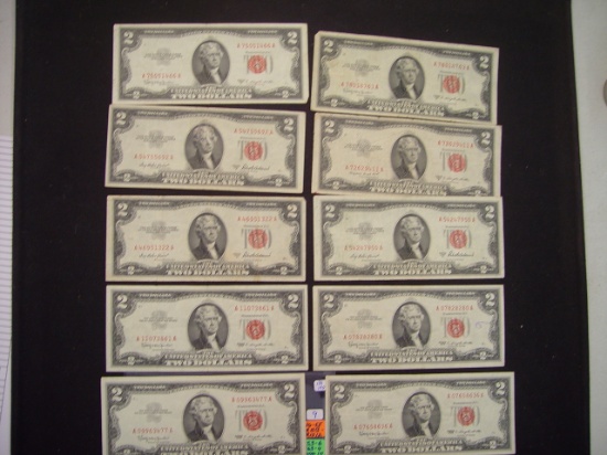 $2 Notes 10 Total - 6-1953 & 4-1963 VG - EF FR 1513 FR 1510 - 1512