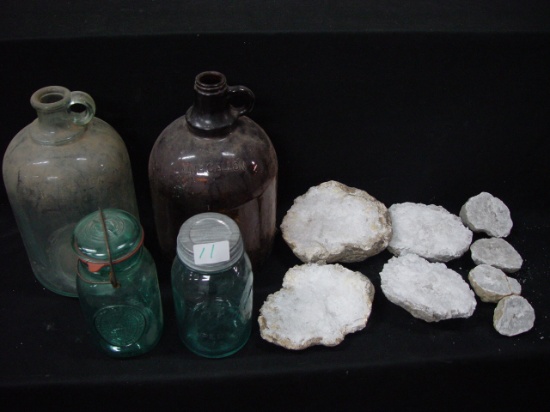 10 lbs. Split Geodes & Mixed Glass Lot, 2 - Gallon Jugs, &