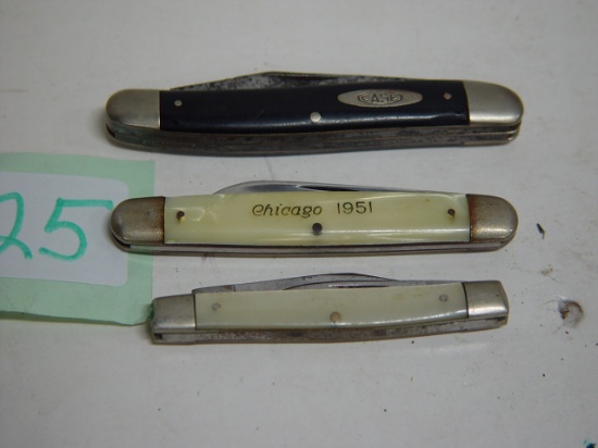 3 Case Pockets Knives, 1 Marked Chicago 1951, 2 3/4" to 3.5"L