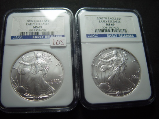 Two 2007 Early Releases BU Silver Eagles  NGC MS69